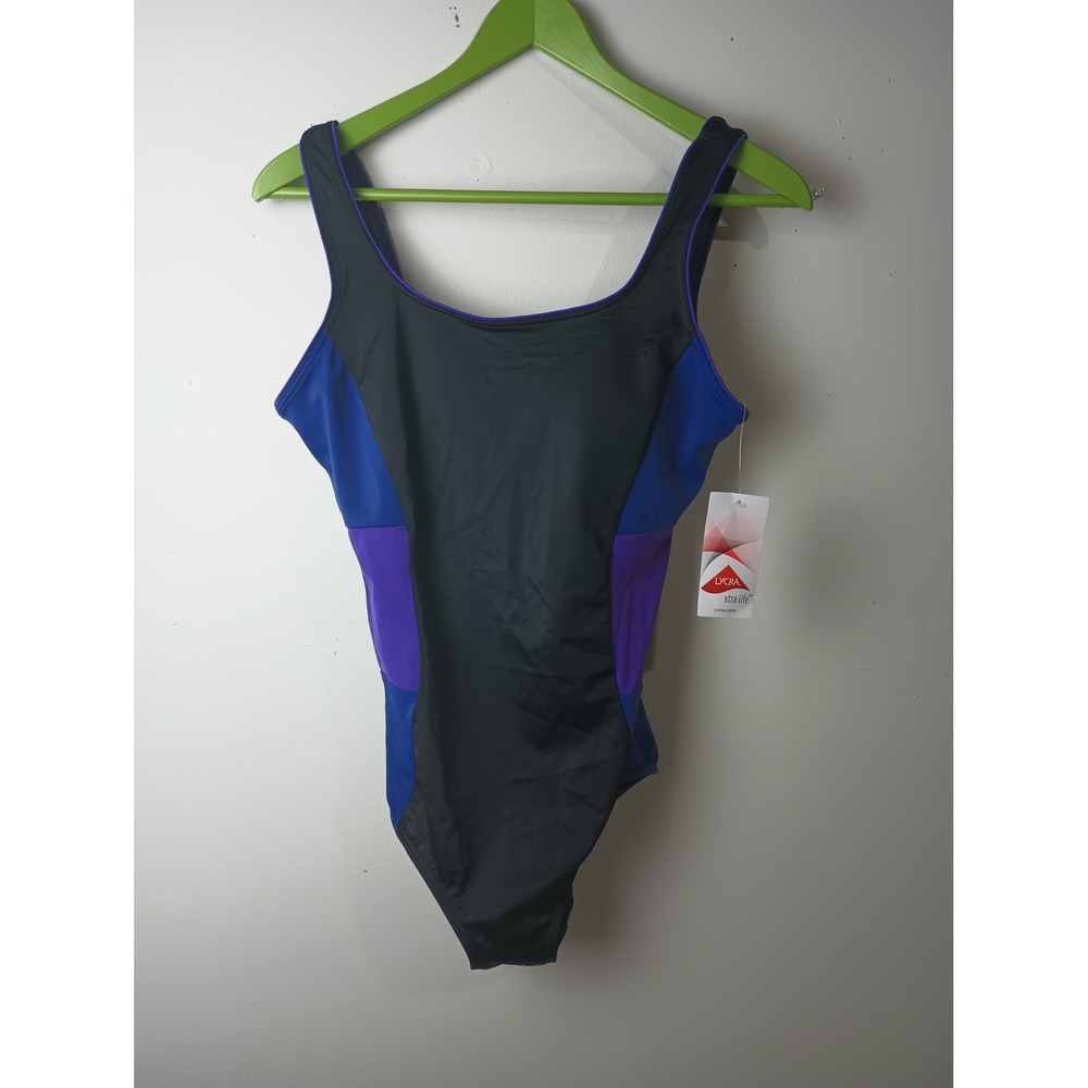 Lands End Womens Colorblock One Piece Swimsuit Black Blue Purple Size 10 D NWT